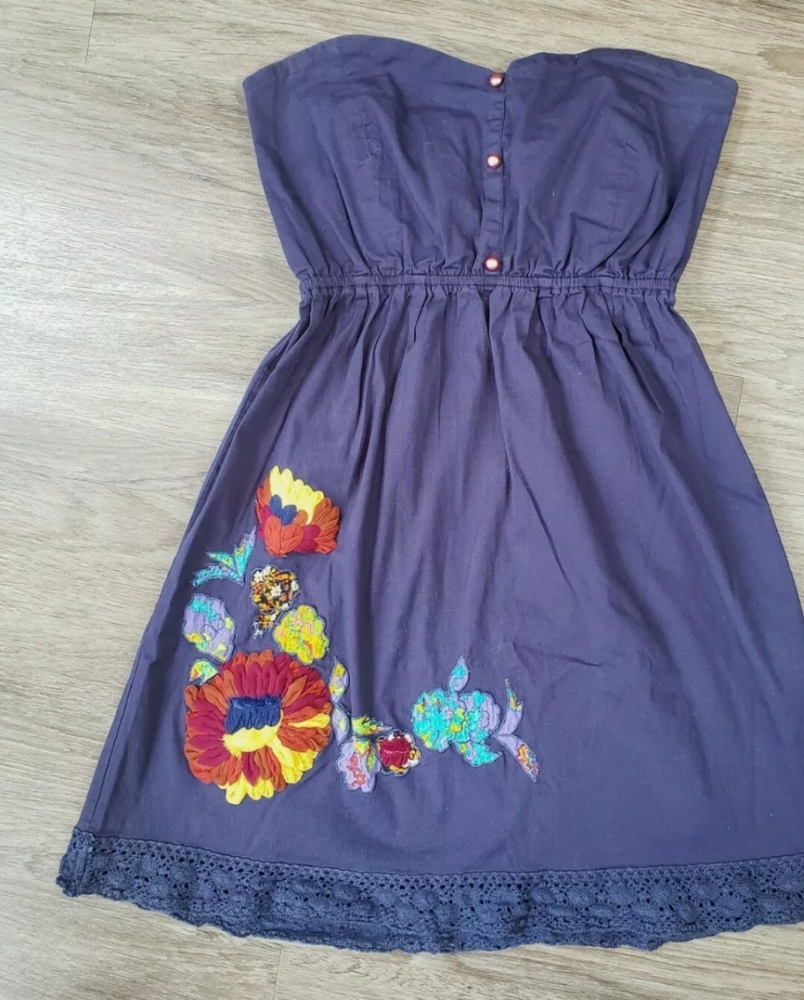 🌺 Anthropologie Judith March Strapless Blue Embroidered Floral Mini Dress